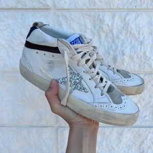Golden Goose Mid Star Sneaker White Leather/Glitter/Wine/Blue sz 38 New in Box